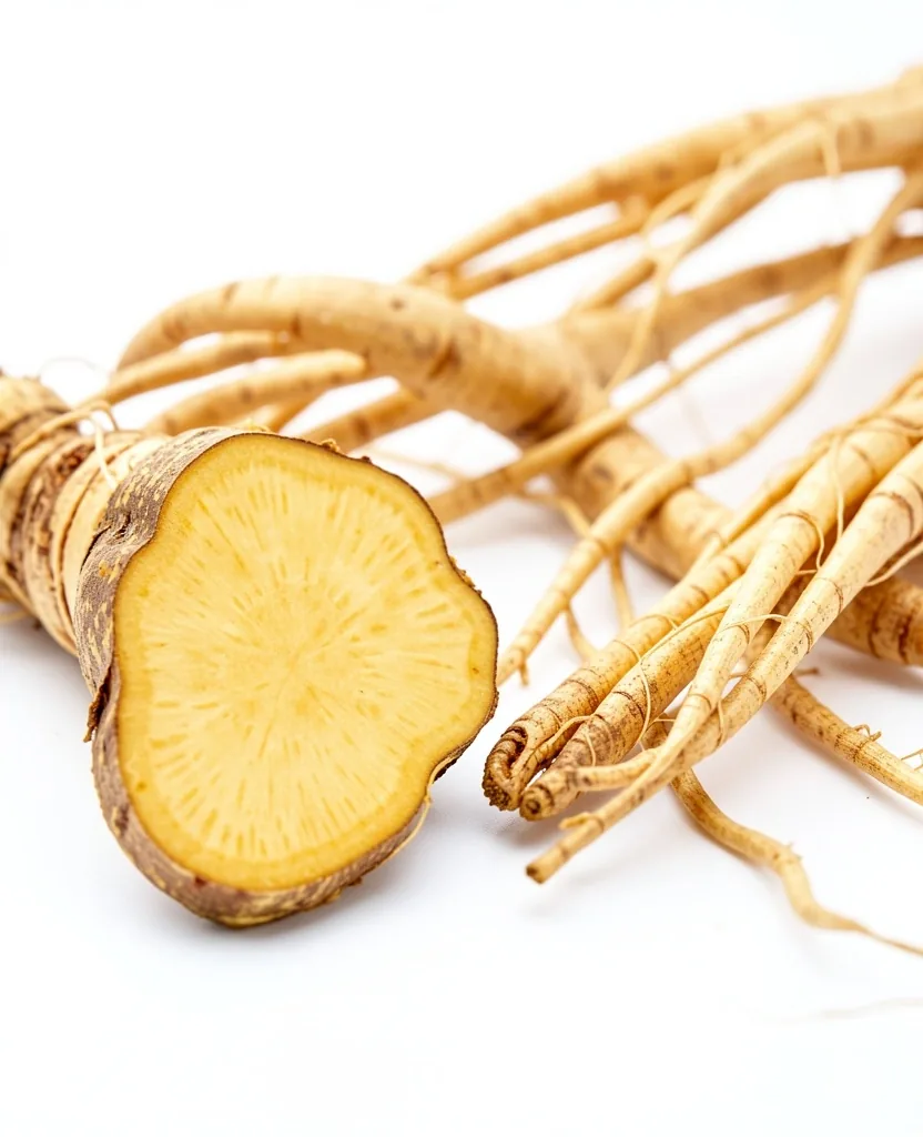 Fresh ginseng root and cordyceps mushroom on a white surface