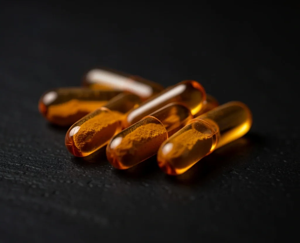 Natural supplement capsules on a dark surface