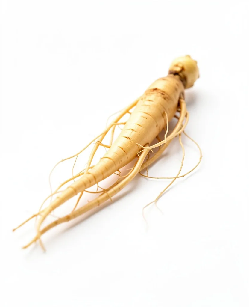 Fresh ginseng root on a white surface