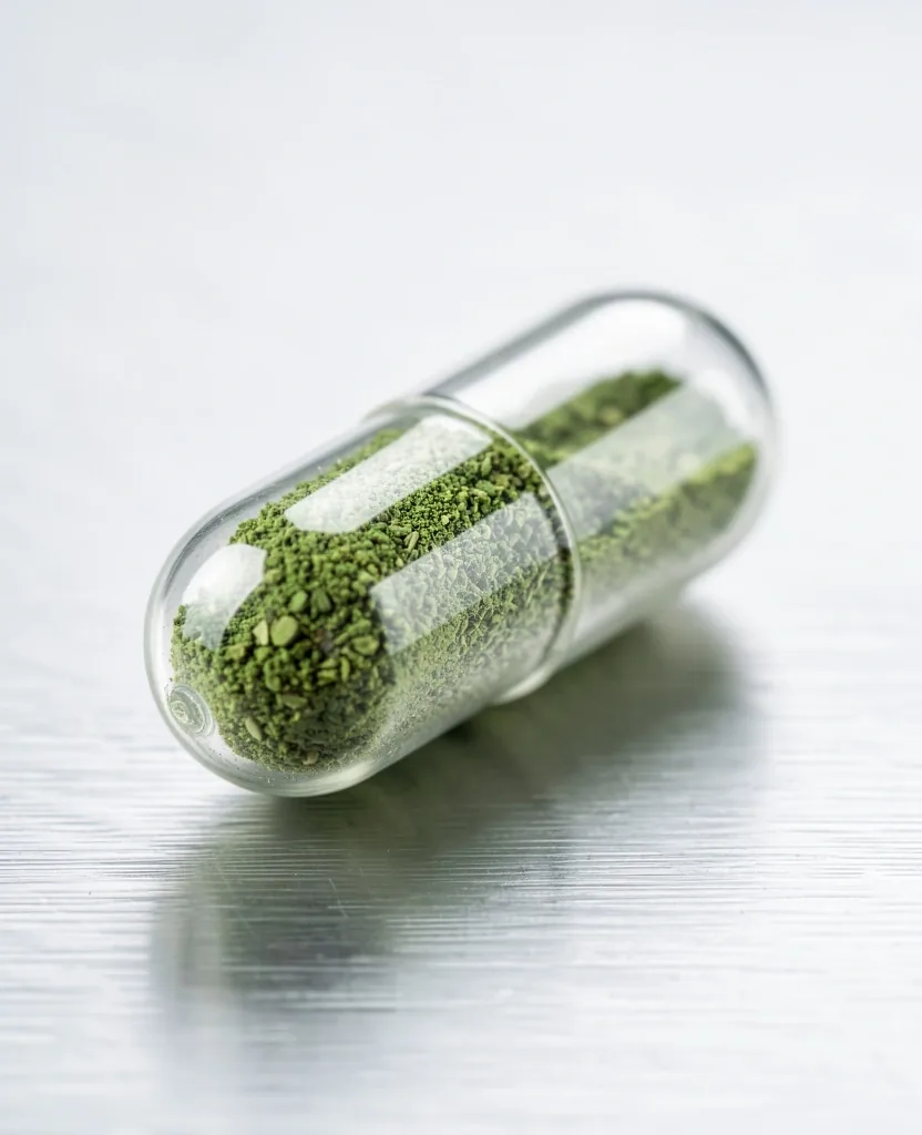 Vegetable capsule with herbal powder on steel
