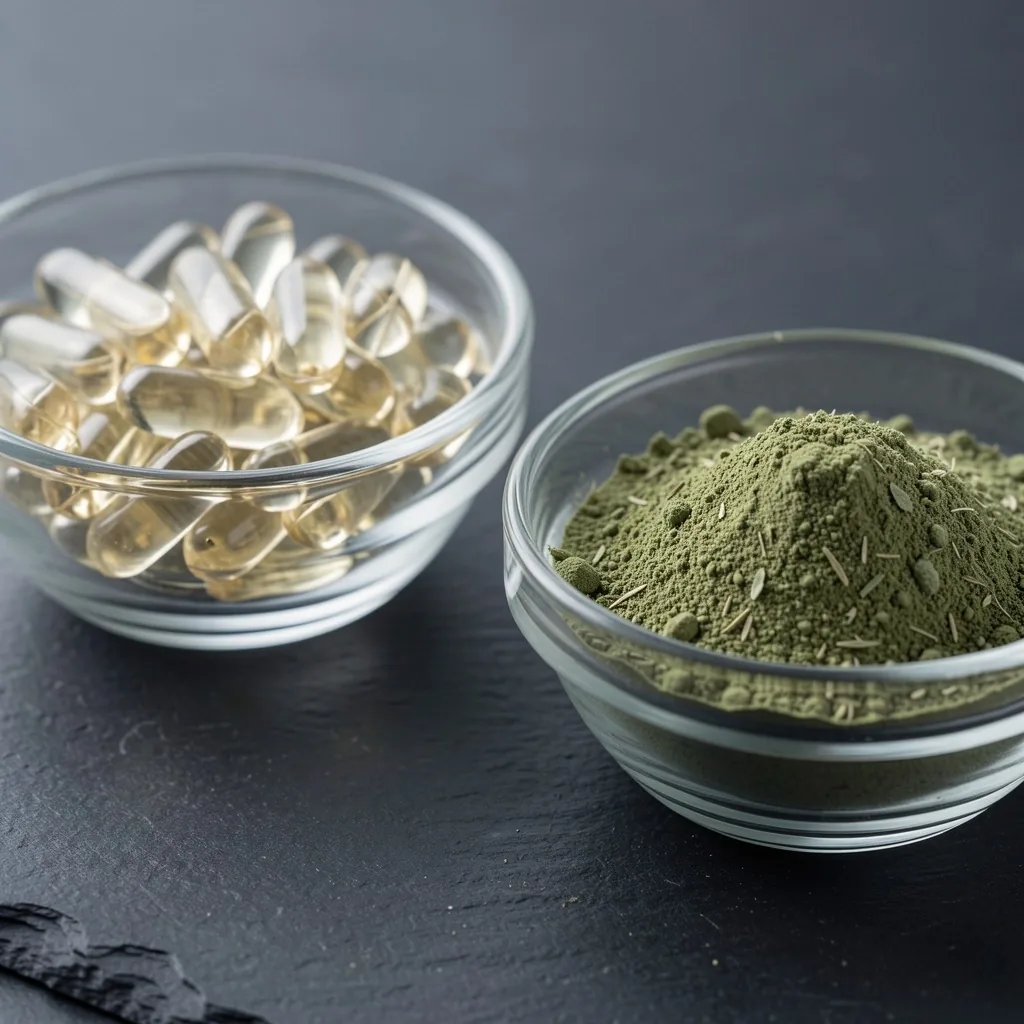 Capsules and powder side by side on dark surface