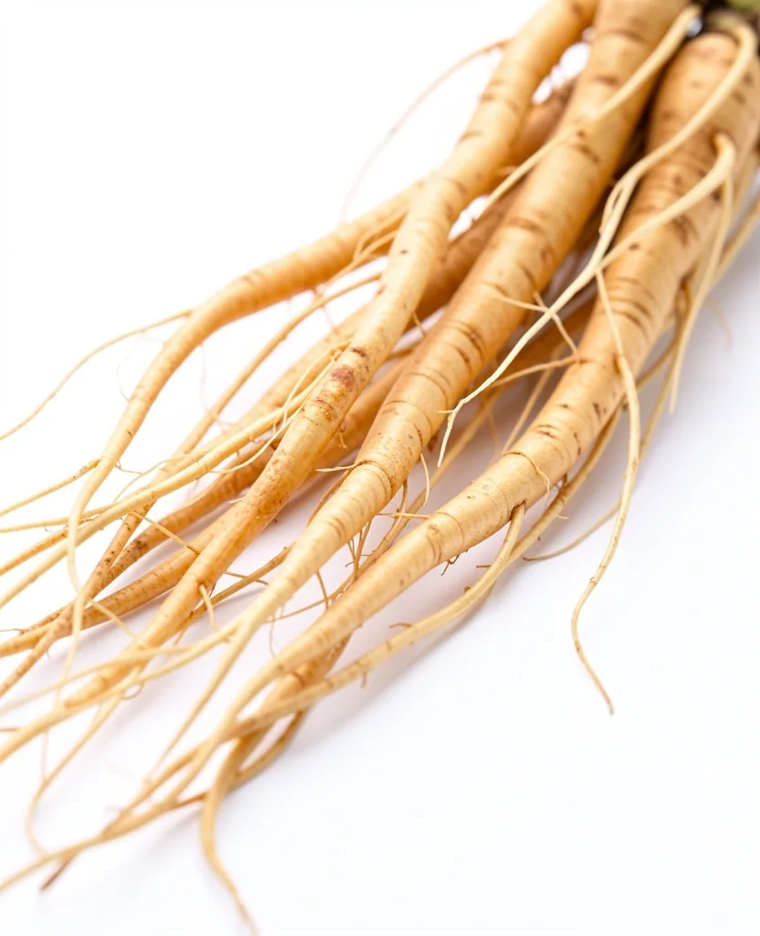 Fresh ginseng root specimen on white surface