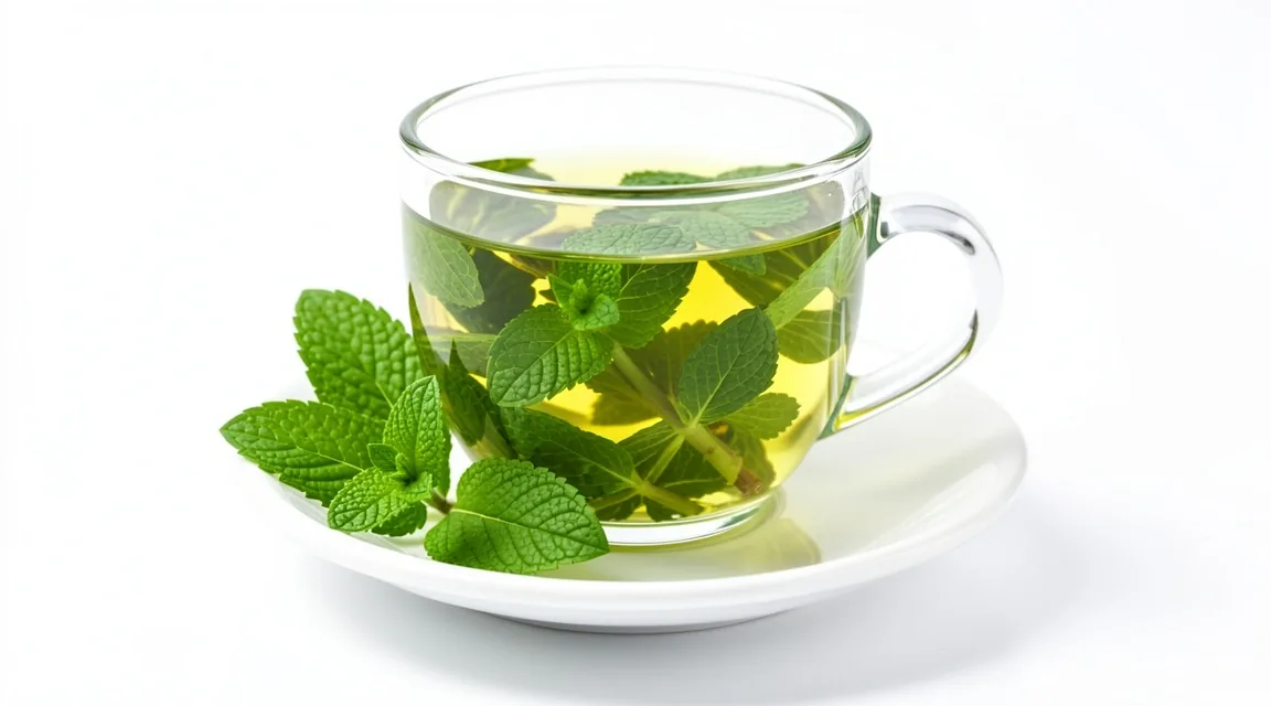 Herbal tea in a glass cup with mint leaves